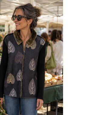 Leaf Print Sweater Jacket Faux Fur Collar + Lining Robert Kitchen XL - XXL Black